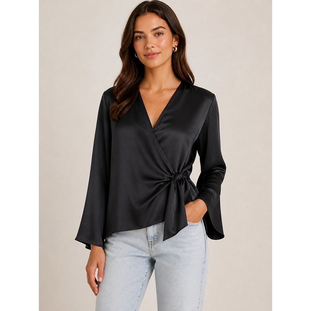 Ramy Brook Black‎ Satin Side Tie Wrap Blouse V-Neck Long Flare Sleeve XS Goth